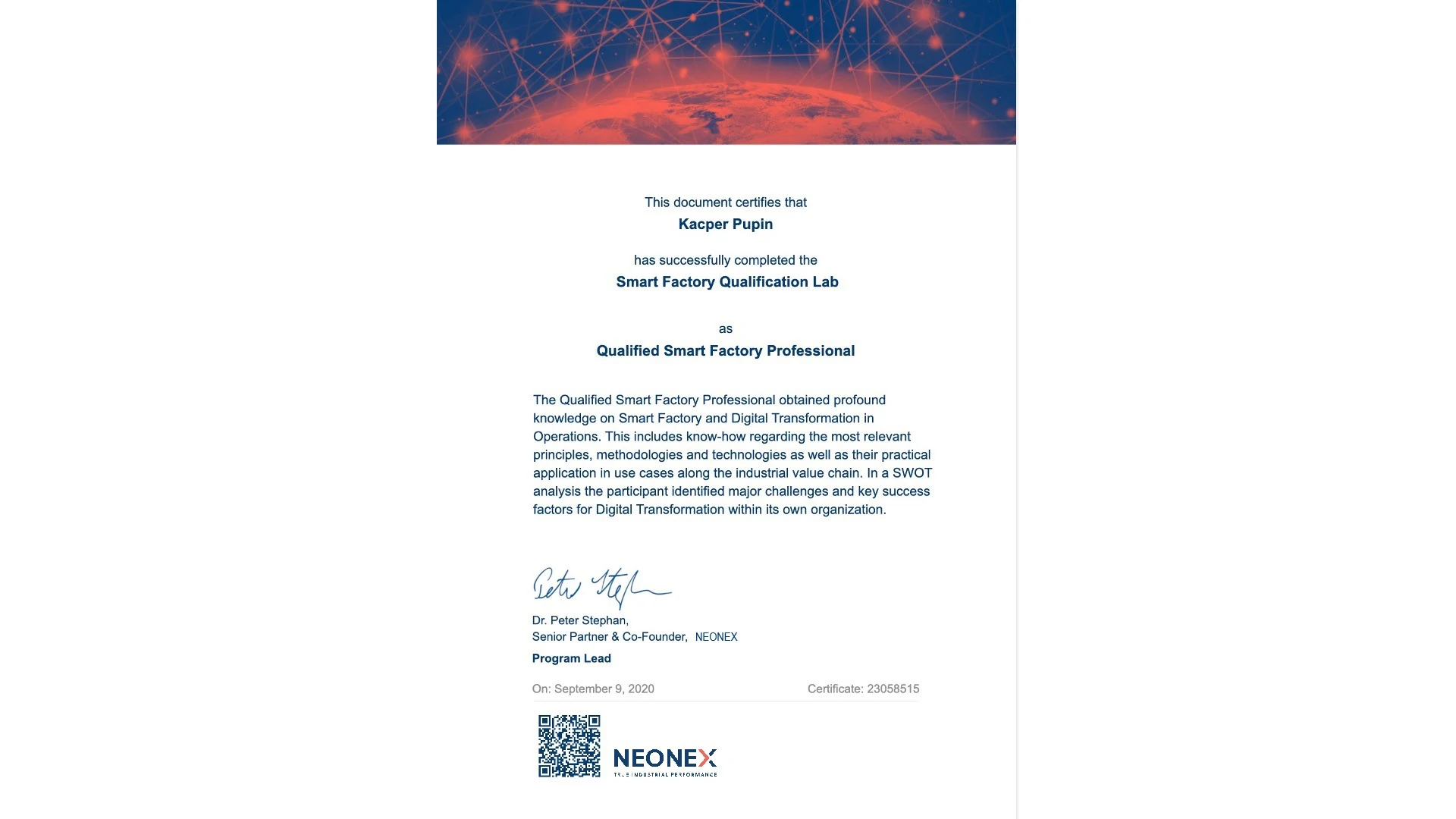 Certificate of participation, Module Smart Factory Qualification Lab.